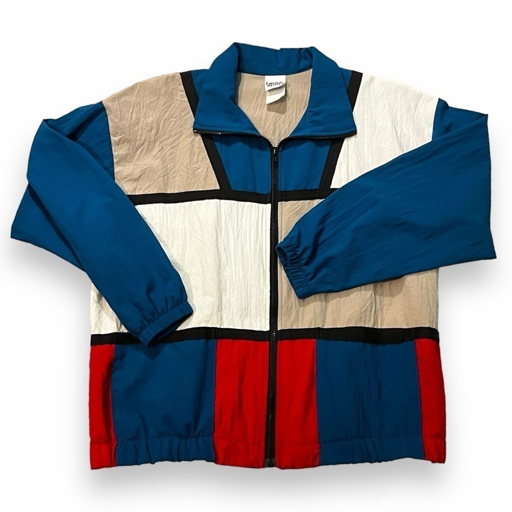 Vintage 80s Color Block Windbreaker Track Jacket Full Zip USA Made Size XL